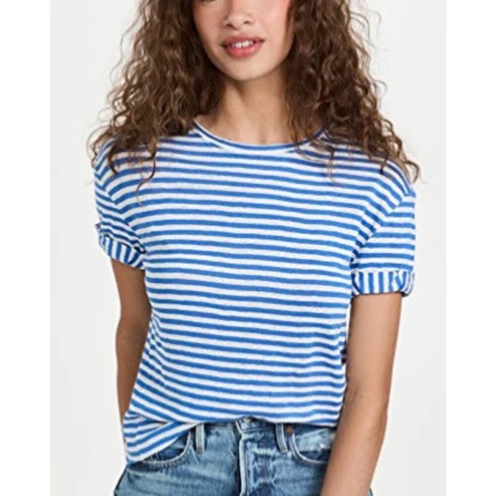 Frame Organic Linen Rolled Sleeve Stripe Tee Jet Stream Blue Women's Size Medium